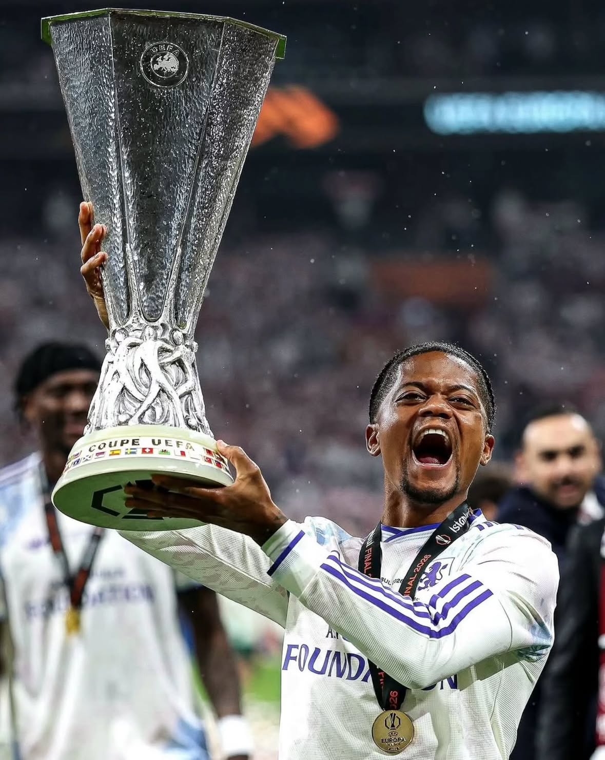Aston Villa's Leon Bailey lifts the Europa League, his first major trophy win.